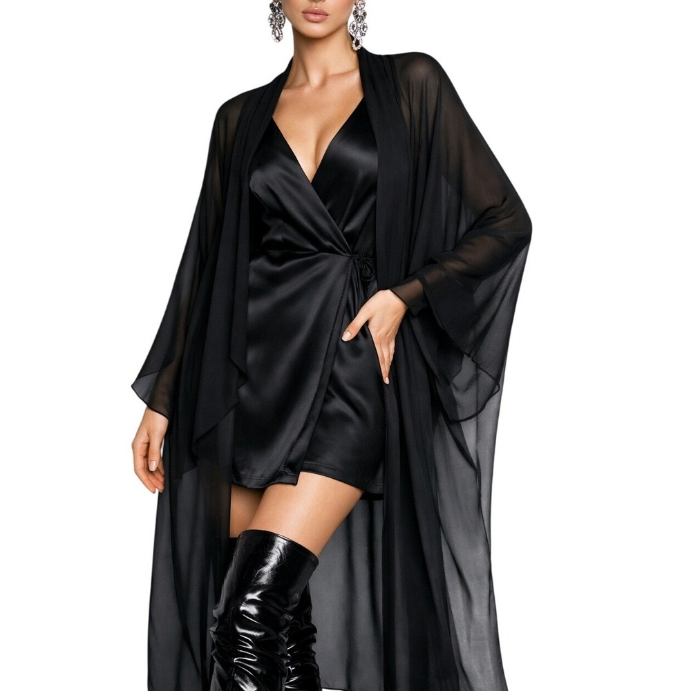 City Chic Whimsigoth Black Sheer Duster Kimono Cardigan Duster Open Front  Small